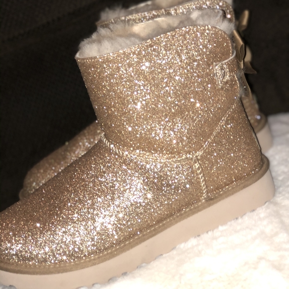 UGG Shoes - UGG Boots Sheepskin Gold Sparkle Mini Bailey Bows